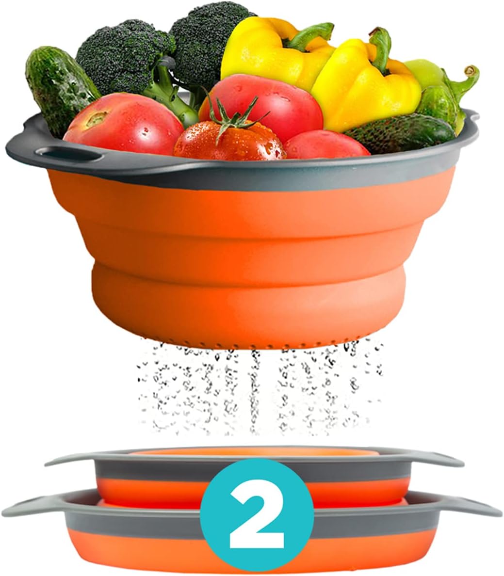 Comfify 2 pcs Colander Set, Collapsible Colanders, Sink Strainers for Kitchen, 2 & 3 qt / 8" & 9.5" Size, Orange