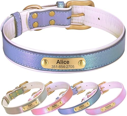 Miniatura 6 de Collar de perro de cuero personalizado, collares de perro personalizados con placa de identificación grabable, collar de perro azul ajustable