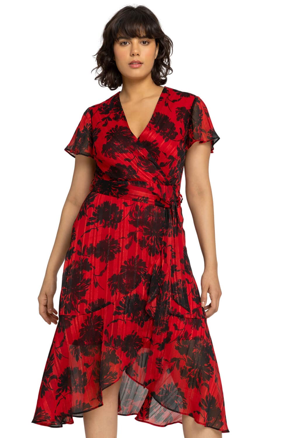 Roman Originals Women's Red Black Frill Dress For Uk Summer Wrap Chiffon Frill Hem Layered Belted Midi Maxi Tiered Cape Special Occasion Fit & Flare Wedding Guest Swing Skater - Size 10
