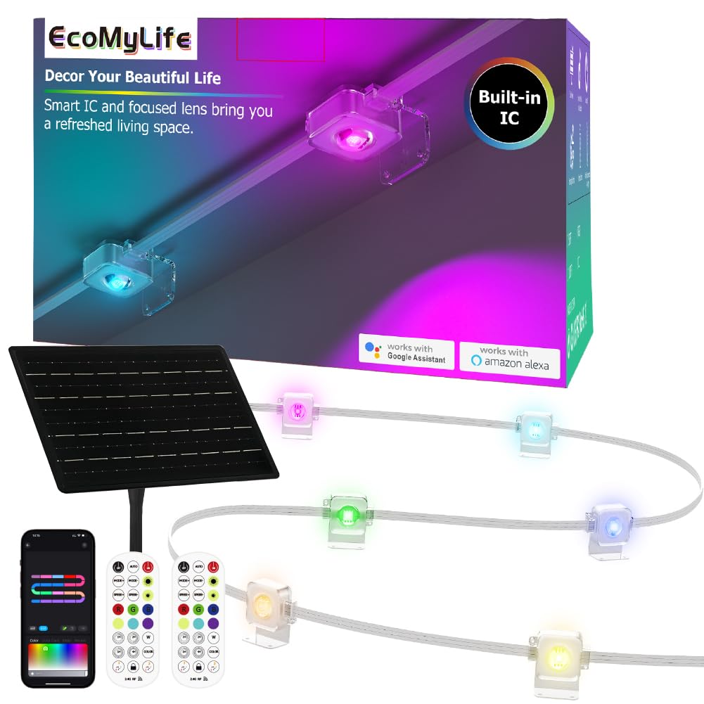 15M Solar Permanent Outdoor Light, Smart RGB Plus IC Outside Lights for House, App/Remote Control String Light, Work with Alexa, IP67 Waterproof LED Strip for Daily Party Christmas All Holiday Decor
