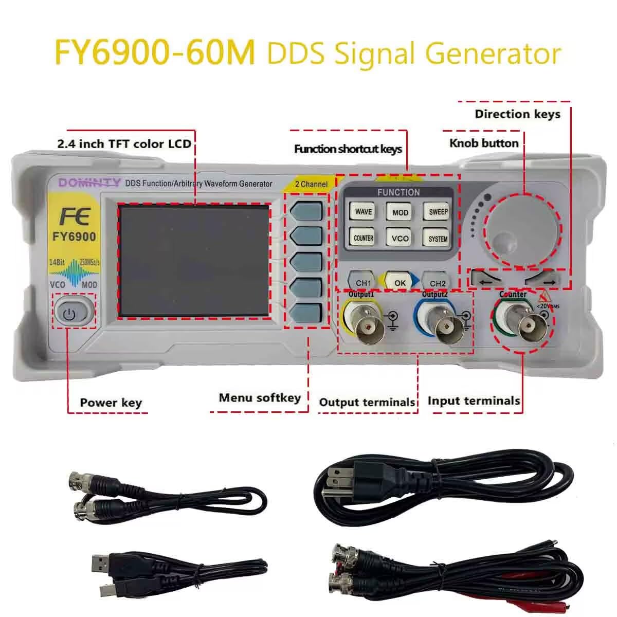 Function Generator AC100-240V FY6900 60MHz Double Channel DDS Function Arbitrary Waveform Signal Generator Frequency Meter 250MSa/s Sine Square/Triangle/Pulse/Sawtooth Wave/Staircase Wave