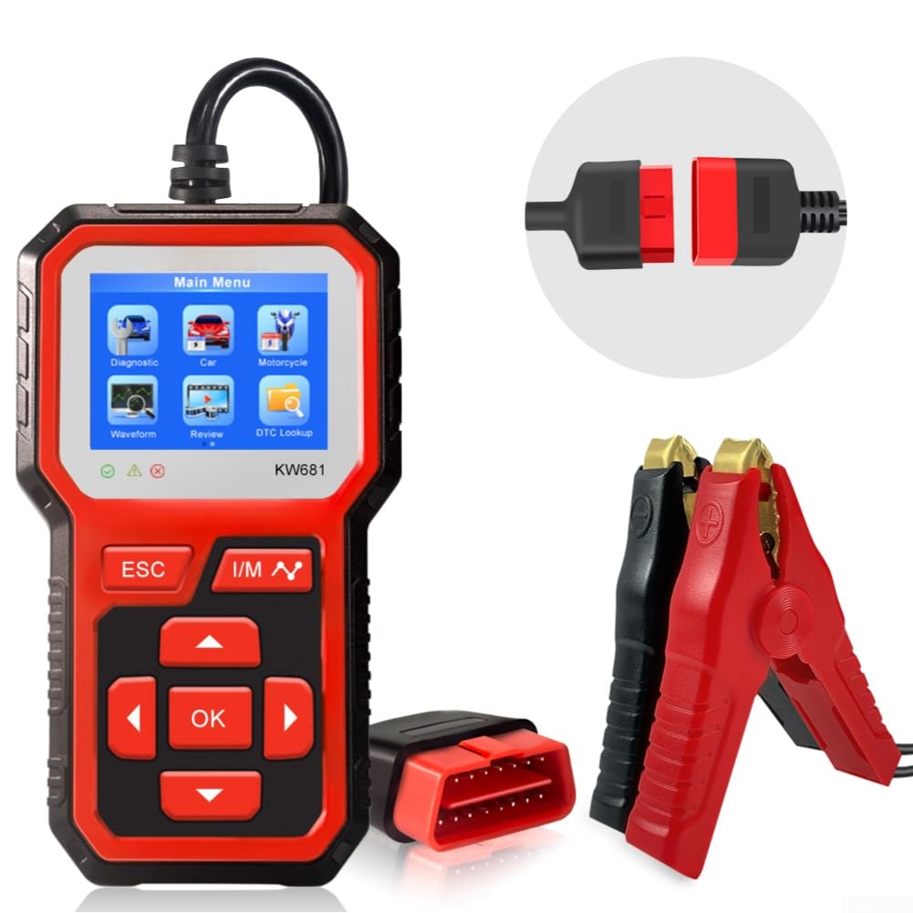 KW681 - Tester per batterie da 6 V/12 V per auto e moto, scanner diagnostico con lettura dei codici di errore e funzione di cancellazione, per batterie AGM, gel e acido, standard OBD2 (a partire dal