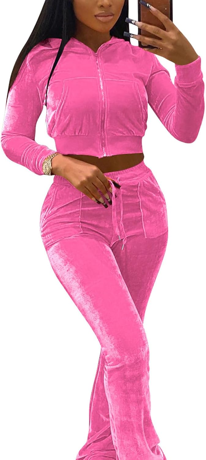 Chatinction Women's 2 Piece Outfit Velour Zip Up Crop Jacket and Bell Bottoms Long Pants with Pockets Tracksuit Set - Image 2