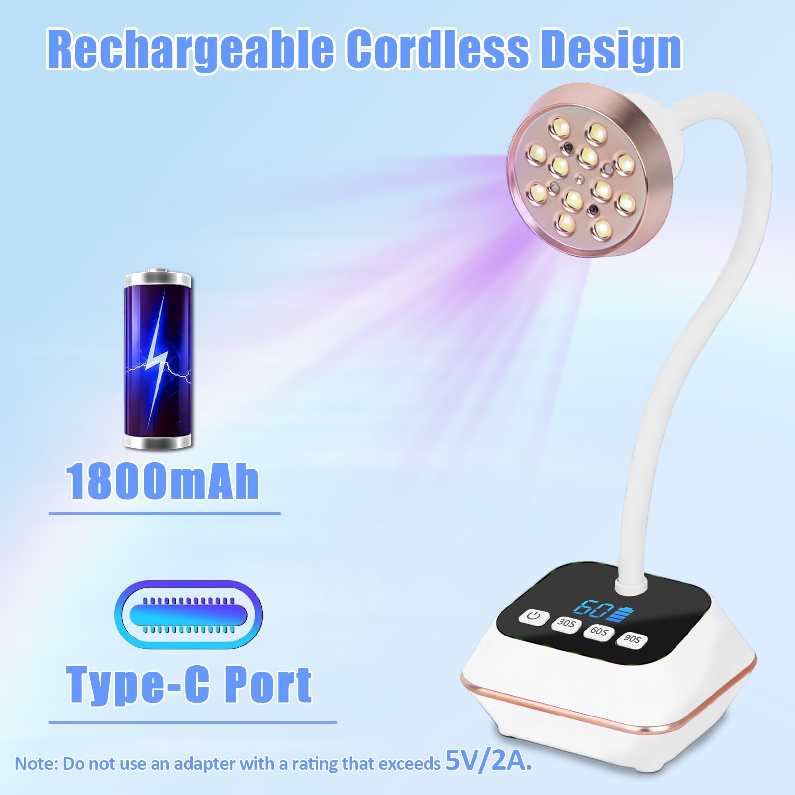 36W Lampe UV Ongles Gel, Mini Lampe UV avec Capteur Intelligent et Écran LCD, 30s/60s/90s Modes, Rechargeable Petite Sèche Ongles Design Col de Cygne Flexible pour Salon et Maison, Blanc