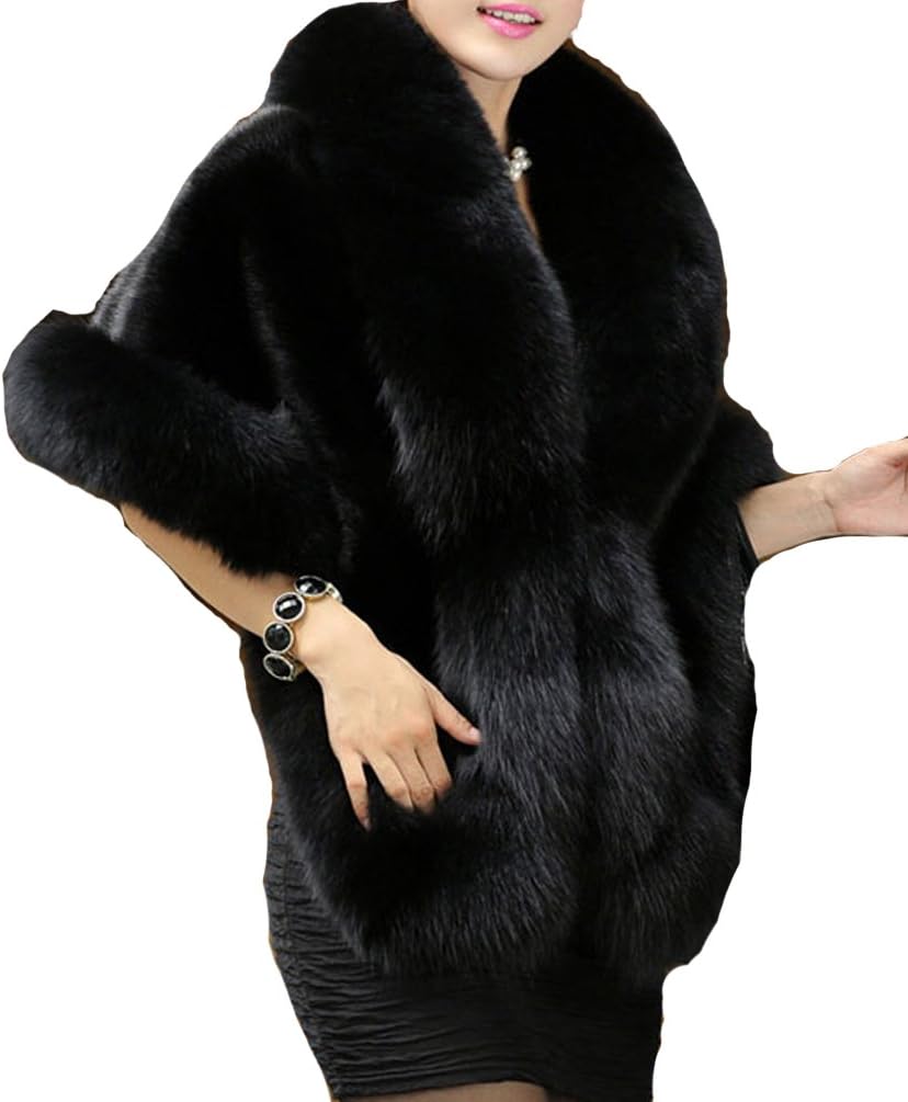 Helan Women's Faux Fur Warm Luxury Cape Coat Cloak Shawl Fur Wrap Bridal Stoles Wedding Fur Collar Shawl