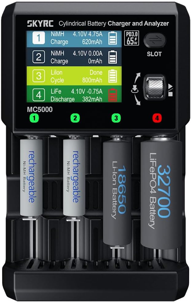 SKYRC MC5000 Charger with various batteries in slots and display showing charging status