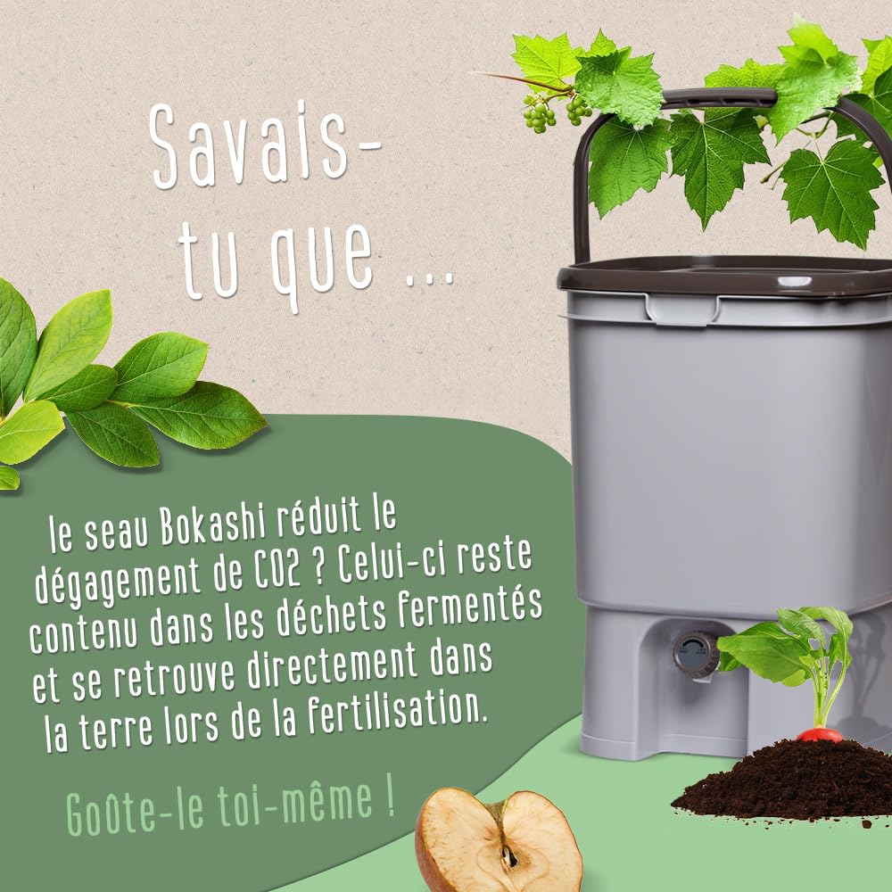 Kit de démarrage Bokashi - Design japonais - 2 seaux (gris) + ferment Bokashi + EM actif + brochure Bokashi