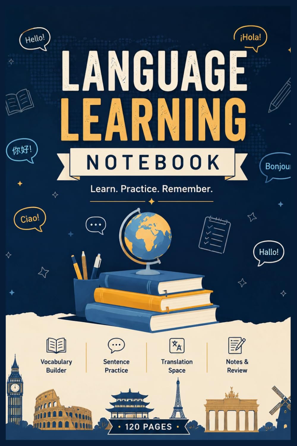 Language Learning Notebook: Vocabulary, Sentences, Grammar & Notes: | 124 Pages Guided Journal for Language Learners