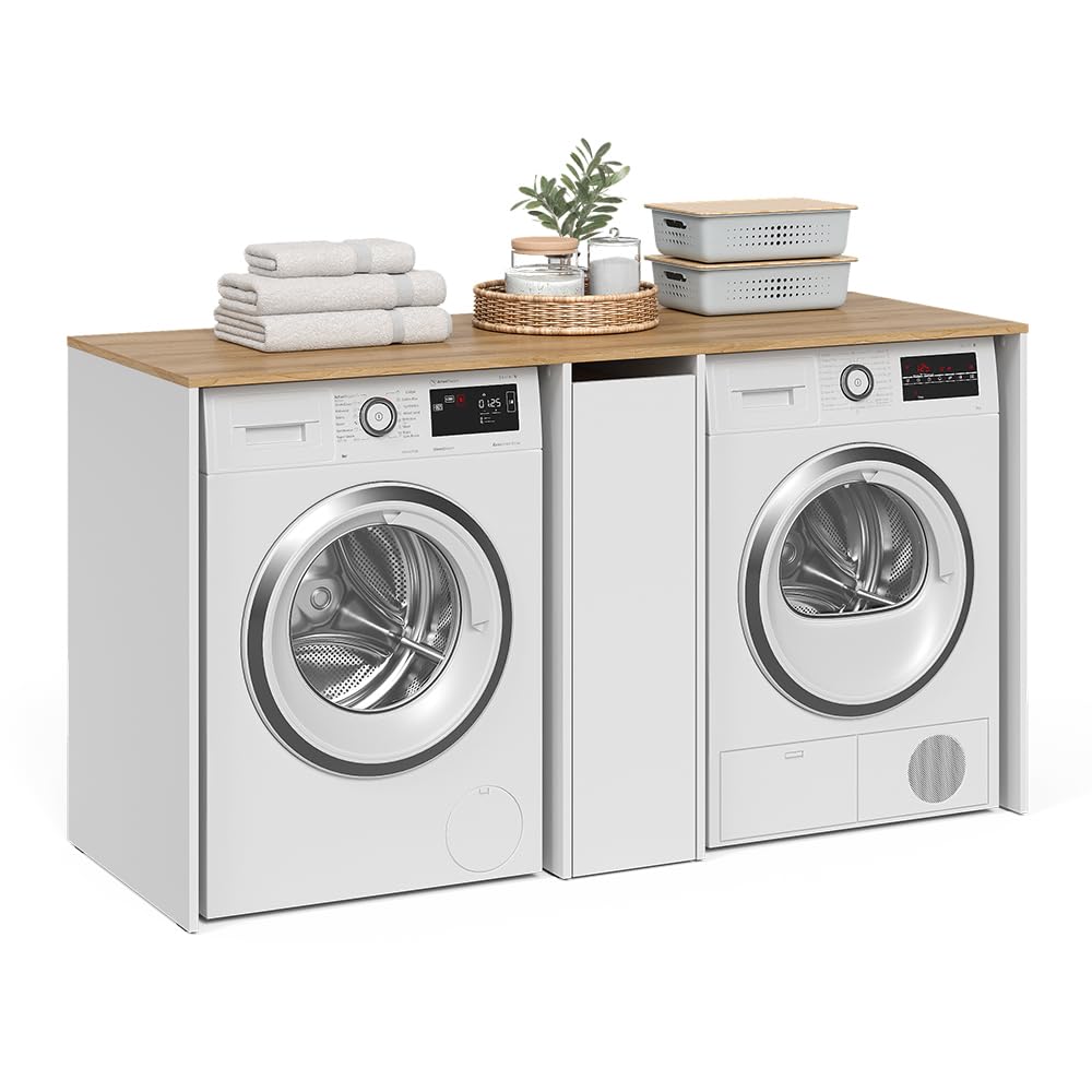 Vicco Armario para Lavadora Viktor, Blanco/Roble Artesanal, 159.8 x 88.2 cm con 3 Compartimentos