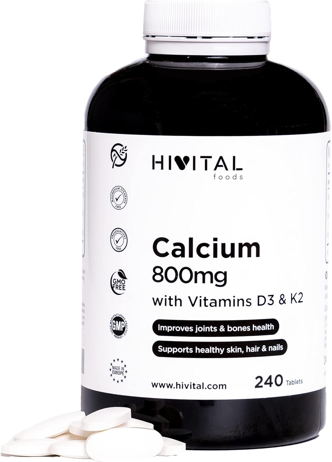 Calcio 800 mg con Vitamina D3 y K2. 240 comprimidos para 4 meses. Carbonato de Calcio orgánico con Vitaminas K2 MK7 y D3 para mejorar la salud de los huesos, las articulaciones, piel, cabello y uñas
