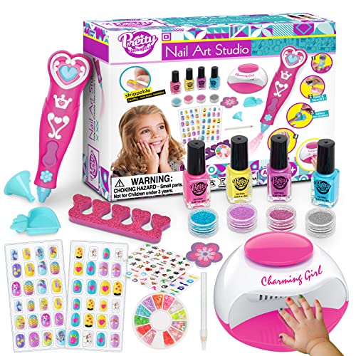 BATTOP Kids Nail Polish Set for Girls, Nail Art Kits with Nail Dryer & Glitter Nail Pen, Quick Dry & Peel Off & Non-Toxic Nail Polish Birthday Gifts for Girls Ages 8-12