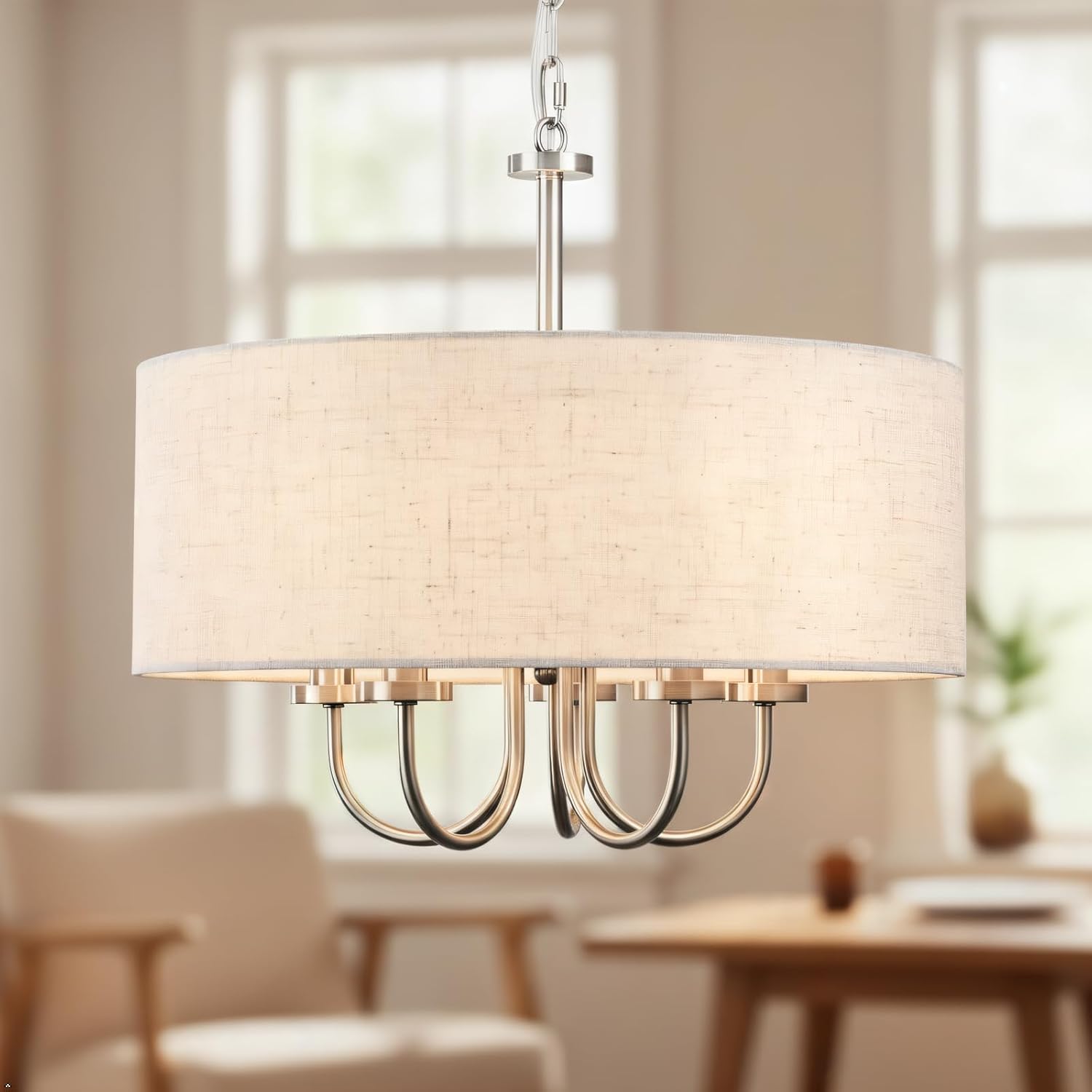 19" Brushed Nickel Drum Shade Chandelier, 5-Light Modern Round Chandelier with White Linen Fabric Shade, Adjustable Hanging Pendant Light for Dining Room, Living Room, Kitchen Island, Bedroom, Foyer