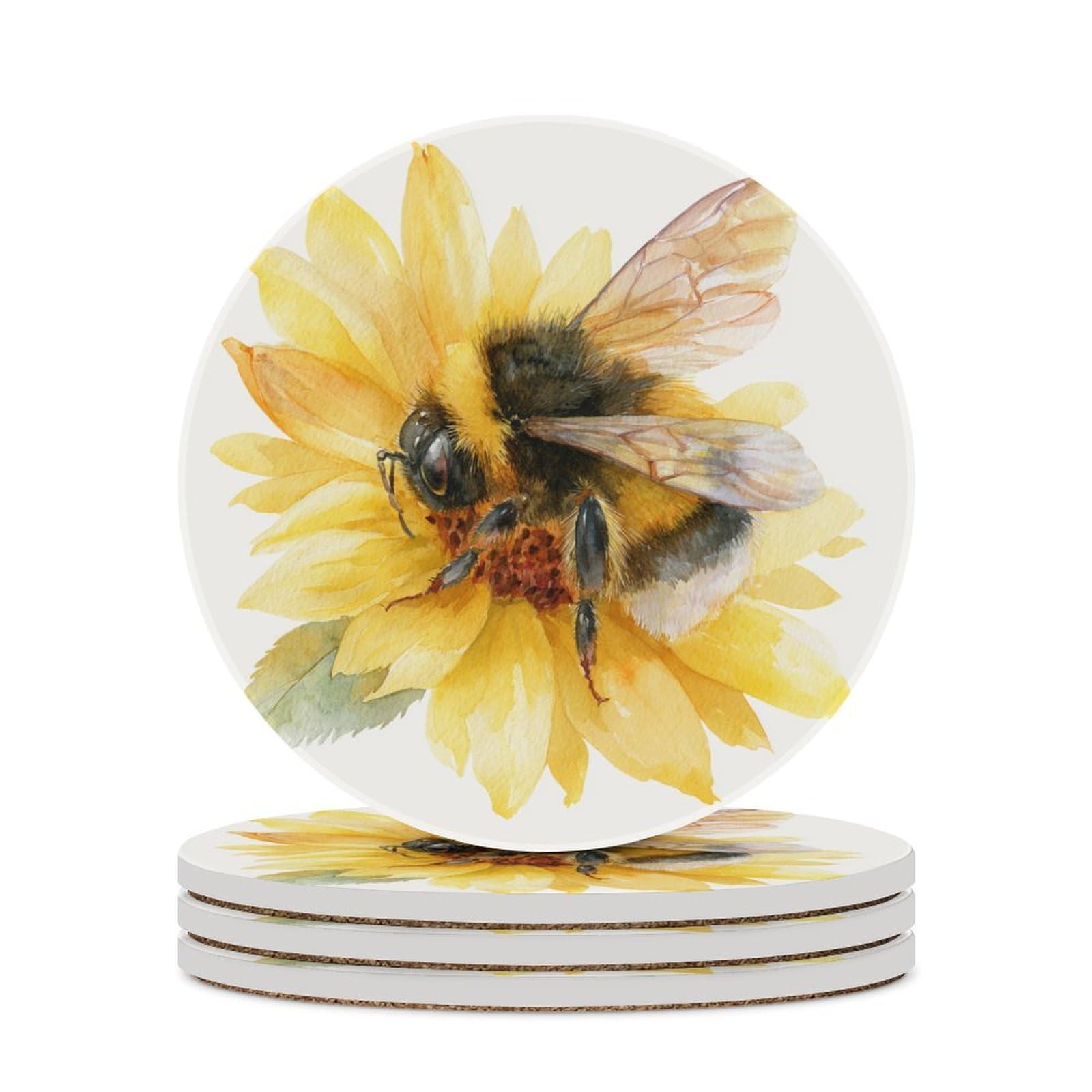 Watercolor A Bee on Sunflower Petal Coasters Set of 4 Absorbent Coasters