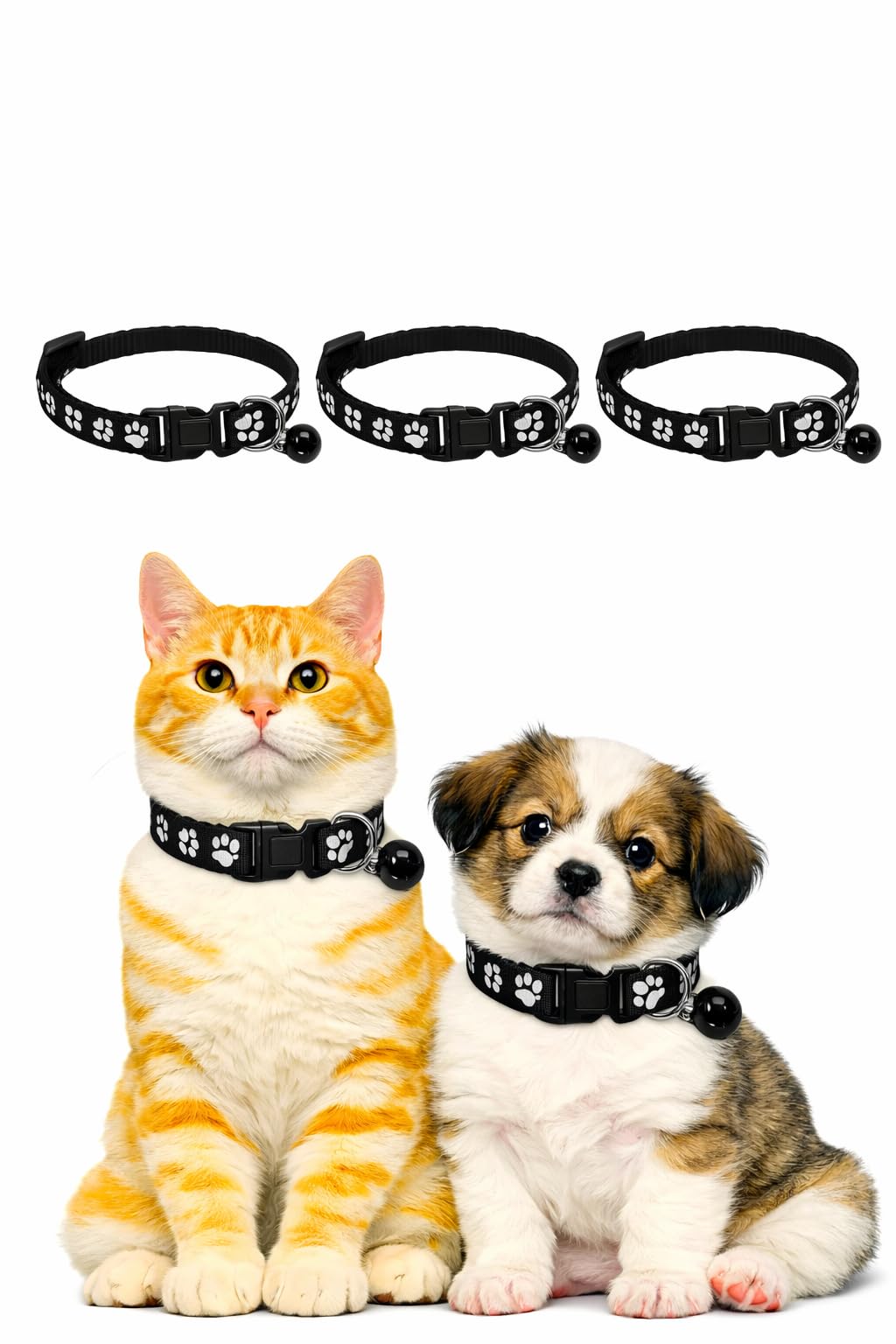 Cat Collar 3 Pack with Bell, Adjustable Nylon, Paw Print Design, Multiple Colours, for Cats and Small Dogs (Black)