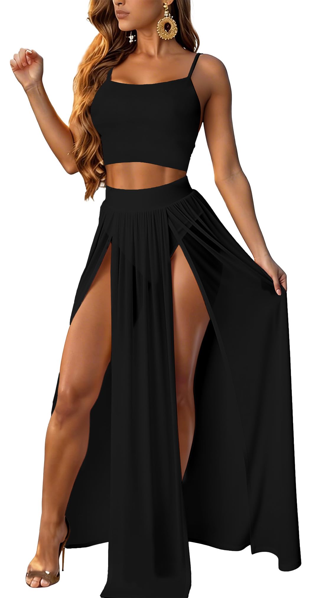 Photo 1 of 2 Piece Sets for Women Summer Sexy Double High Split Maxi Dresses Skirt Set Beach Swimwear Cover Ups Vacation Outfits Black L