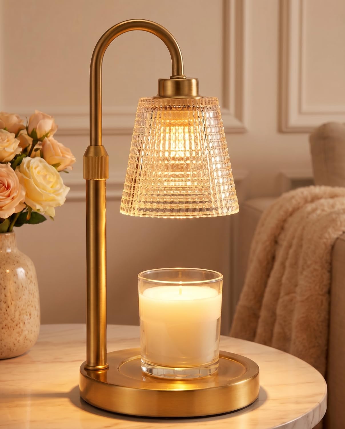 Gold Candle Warmer Lamp with Timer, Dimmable Candle Warmer for Jar Candles, Height Adjustable Wax Melts Warmer, Birthday Gifts for Women Mom, House Warming Gifts New Home Decor