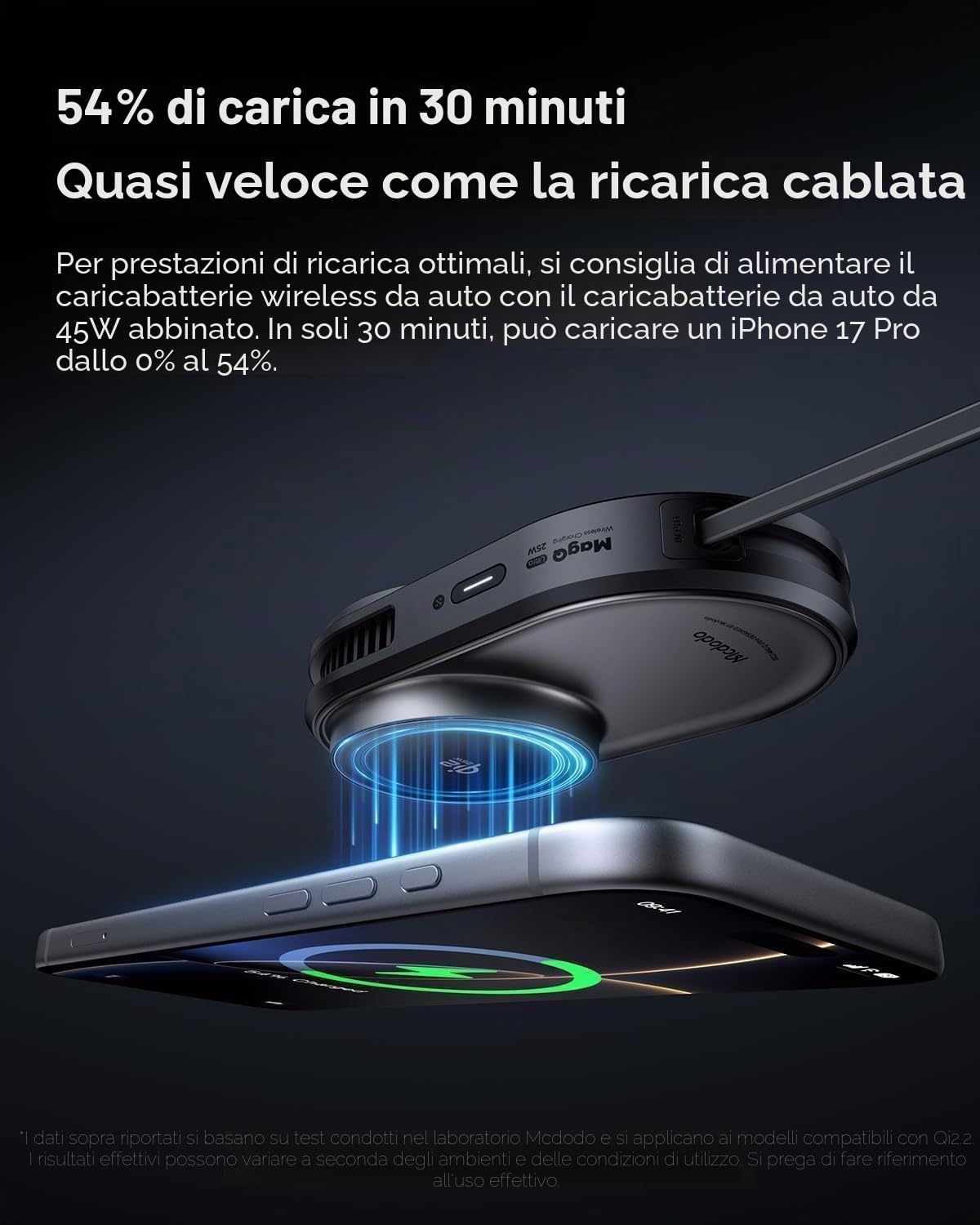 Mcdodo Supporto Auto MagSafe con Ricarica Wireless Qi2.2 25W, Cavo Retrattile da 77cm, Raffreddamento TEC, Magnete N52 Forte, Girevole 360° per Griglia e Cruscotto, Compatibile con iPhone12-17
