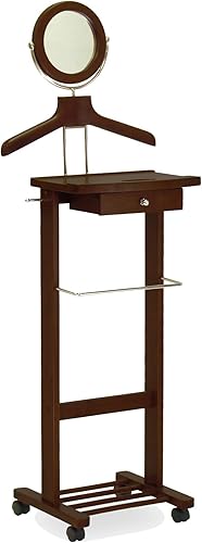 Winsome Soporte de valet de madera con espejo, cajón, gancho de corbata, ruedas, nogal antiguo (94155)