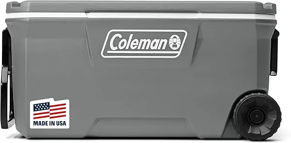 Coleman Classic Series Insulated Portable Rolling Cooler with Wheels, Leak-Resistant Outdoor Hard Cooler Keeps Ice up to 5 Days, 100-Quart