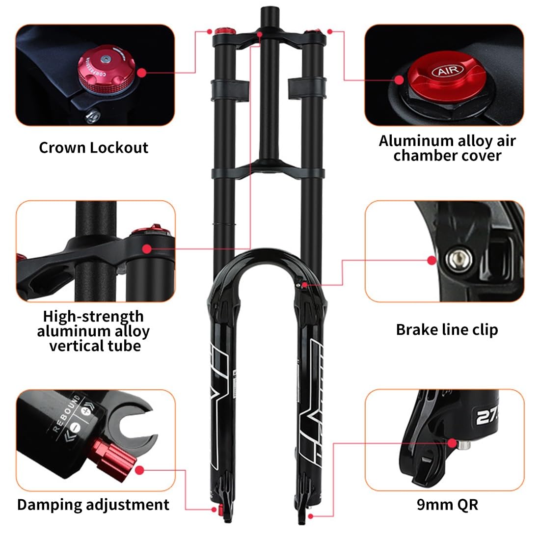 Fourche Avant de VTT à Double té, Suspension pneumatique, Pivot Droit sans Filetage 1-1/8", Freins à Disque, débattement 150 mm, réglage du Rebond, Blocage QR 9 mm (Or, 29 Pouces)