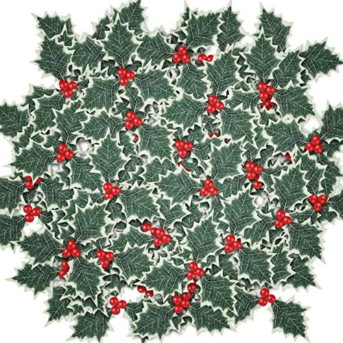 20 Pieces Artificial Holly Leaves with Berries Christmas Leaves Decoration Christmas Simulation Holly Berries Leaves for Crafts Holly Wreaths Christmas Wreath Decorations for Xmas Cake Toppers Craft