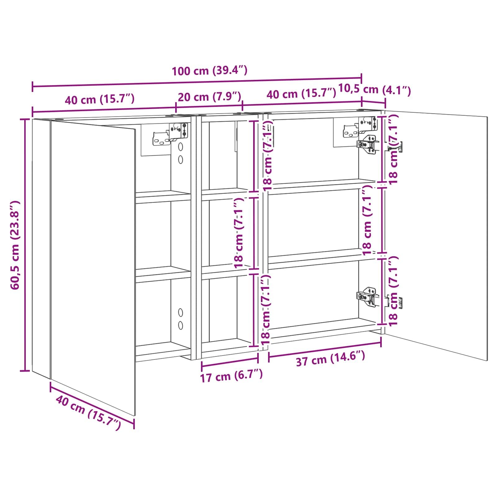 Lot de 3 armoires de salle de bain en bois - 100 x 10,5 x 60,5 cm - Montage mural - Avec éclairage LED - Miroir bidirectionnel - Espace de rangement et étagères pour meubles de salle de bain