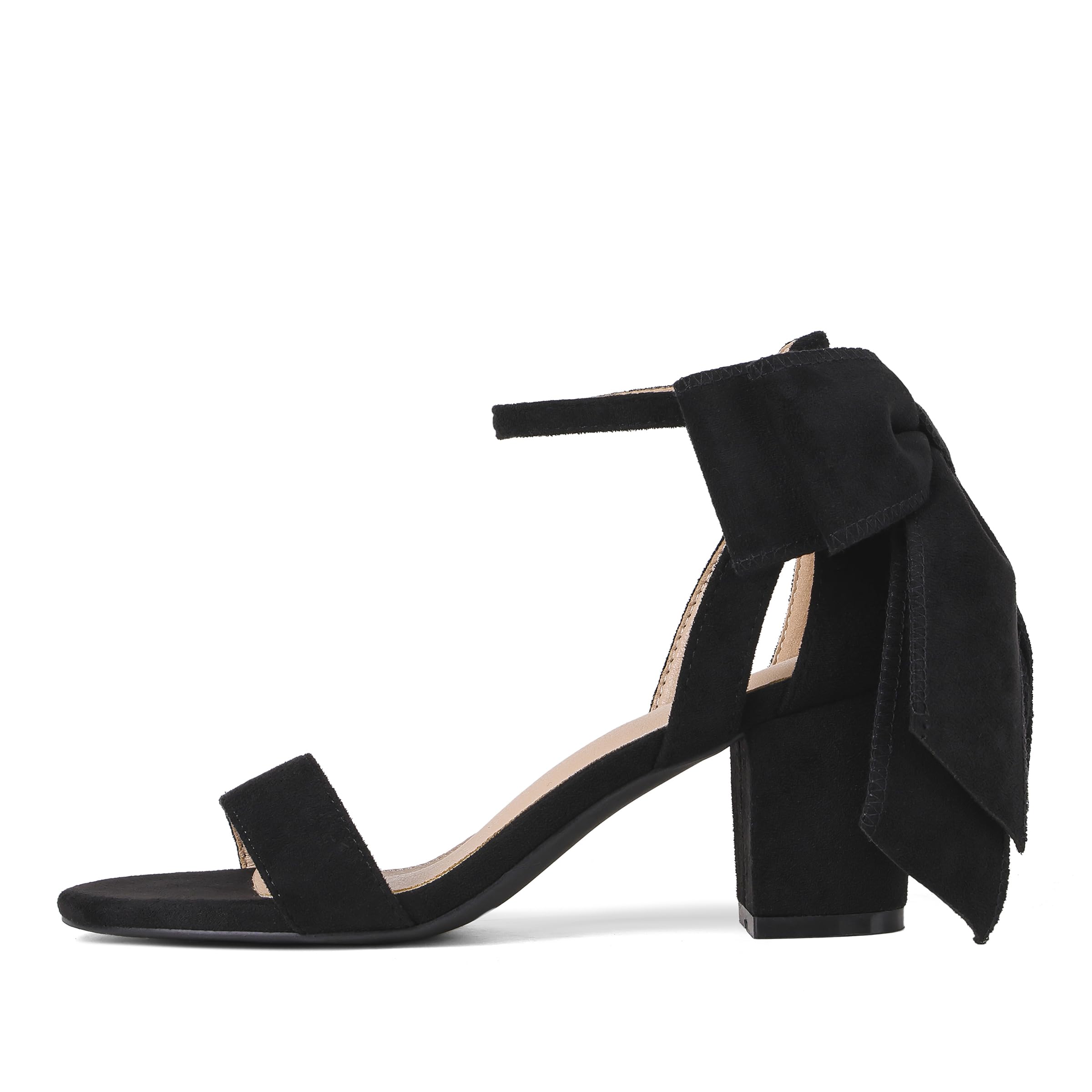 Yremael Black Heeled Sandals for Women Bow Chunky Heel Dress Wedding Shoes