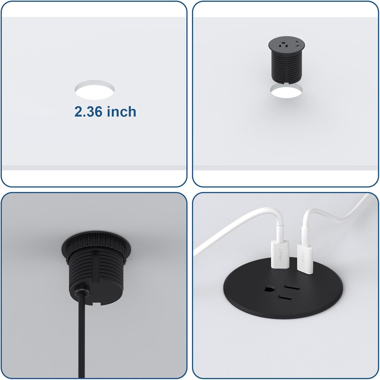 Desk Power Grommet, Haylink Recessed Power Strip with AC Outlet & 2X PD 20W USB C | 6.56FT Cable | 2.36"(60mm) Cut Hole| for Modern Desk, Kitchen Island & Workshop, Black