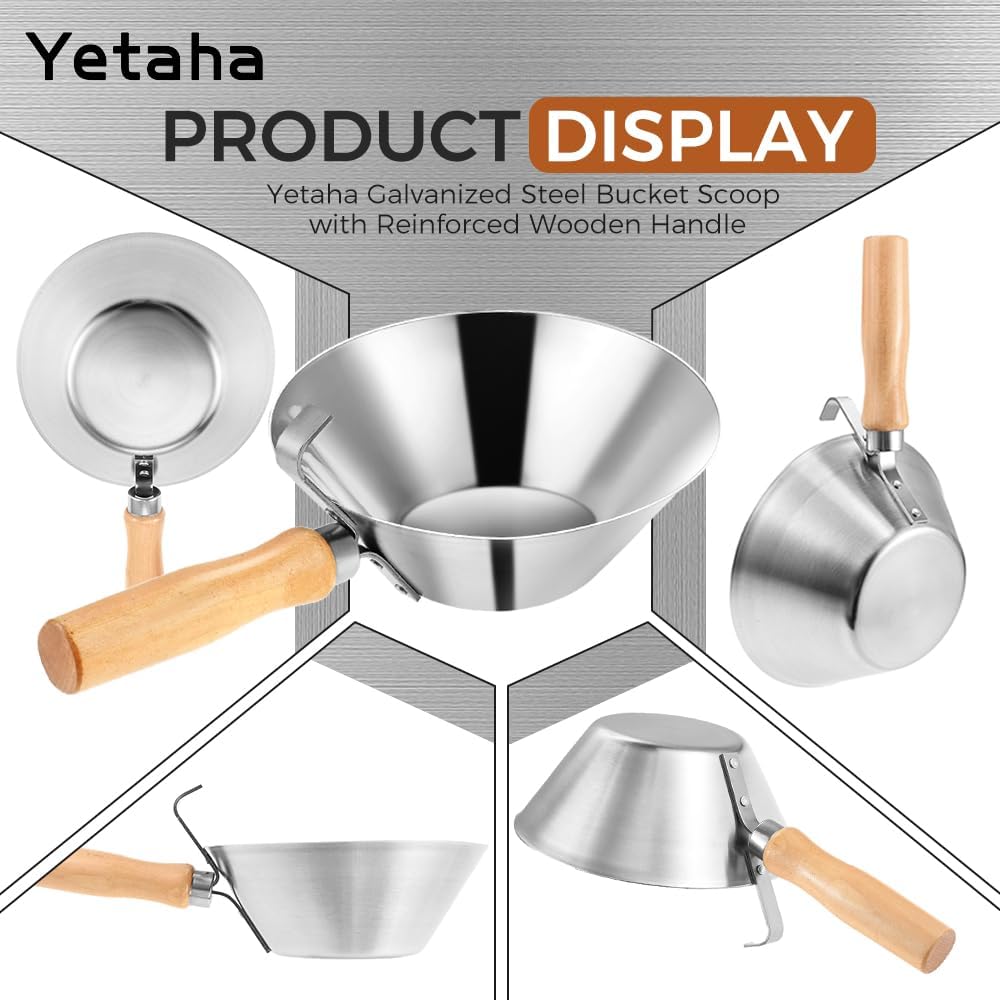 Yetaha Galvanized Steel Construction Trowel Scoop Wooden Handle | Rust-proof galvanized steel bowl, solid wooden grip, heavy-duty for mortar mixing and building material transport