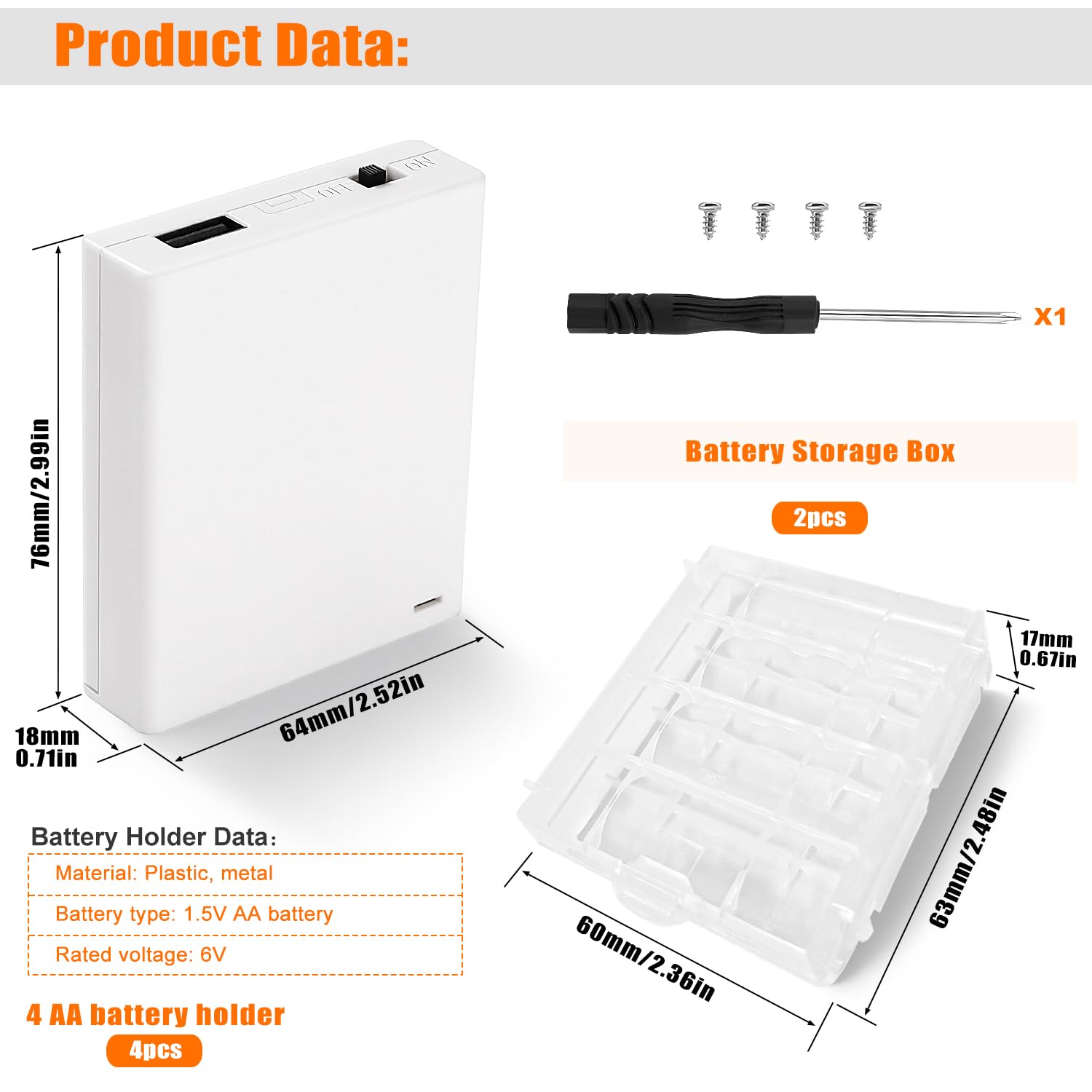 Portabatteria 6V 4x1.5V AA Supporto Batteria con USB Femmina Interruttore On/Off Bianco
