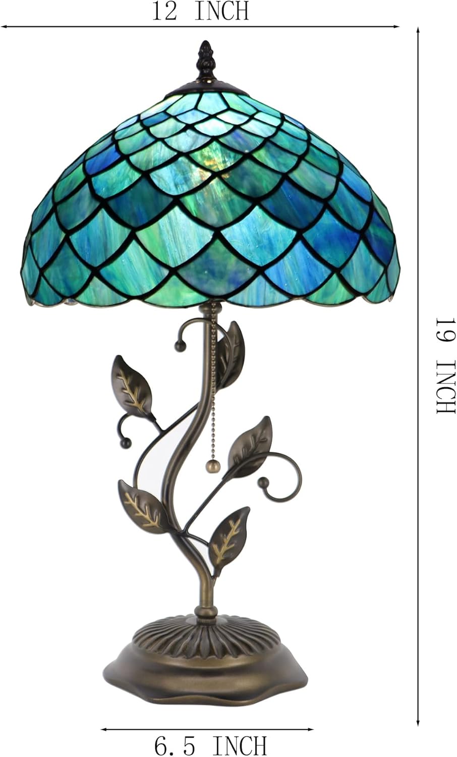 Tiffany Table Lamp, Stained Glass Desk Light, W12H19 Inch, Metal Leaf Base (Fishscale Style)