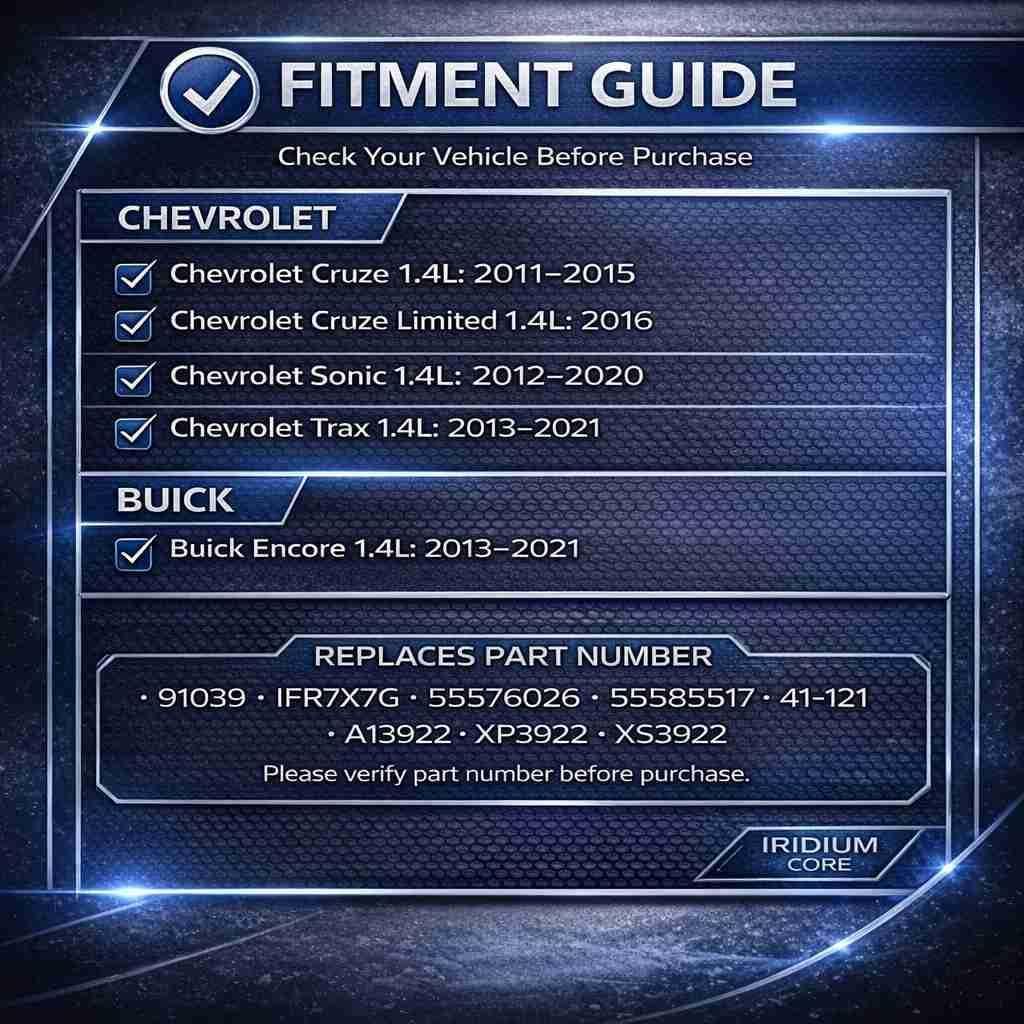 Iridium Spark Plugs 4 Pack | Fit for 2011-2015 Chevrolet Cruze/Sonic/Trax 1.4L, 2012-2020 Buick Encore 1.4L | Replaces 91039, IFR7X7G, 41-121, 55585517