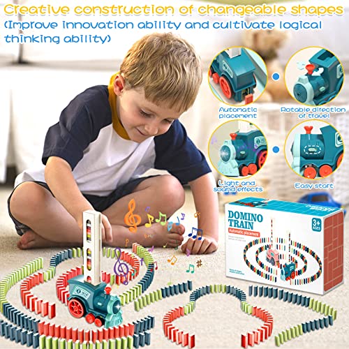 NCKIHRKK Domino Zug Set, 160 Stück Domino Bausteine, Elektrischer Zug mit Licht und Ton, Pädagogisches Spielzeug für Mädchen und Jungen ab 3 Jahren (Blau)