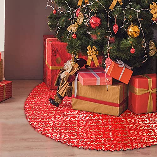 O-heart Christmas Tree Skirt, 48 Inches Red Gold Tree Skirt with Snowflakes, Large Rustic Xmas Tree Mat with Gold Reindeer for Xmas New Years Eve Party Decoration Home Holiday Decor