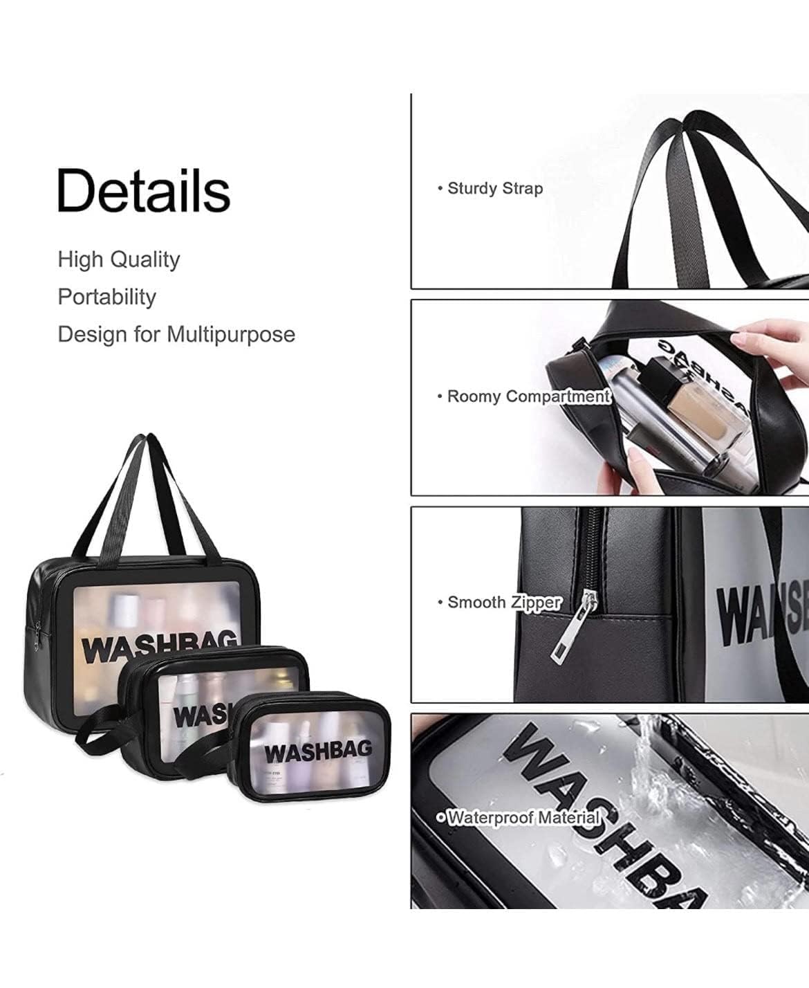 E-COSMOS Clear Makeup Pouch Set, Cosmetic Organizer Bag for Women and Girls Travel Waterproof Toiletry Storage Kit (Set of 3) (Black) 4
