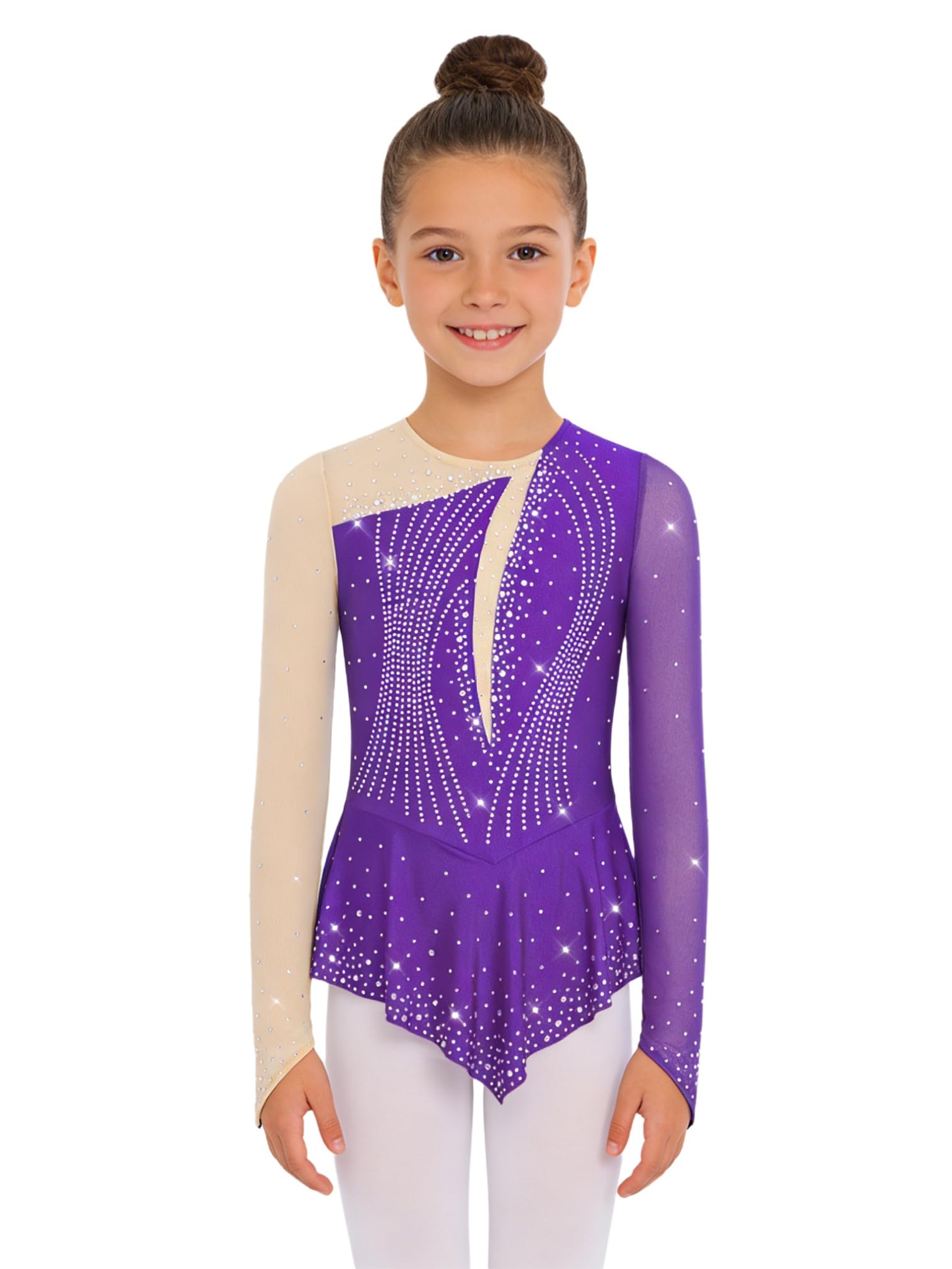 ranrann Enfant Fille Robe Patinage Artistique Manches Longues Strass Justaucorps Gymnastique Costume Danse sur Glace Patinage Tenue