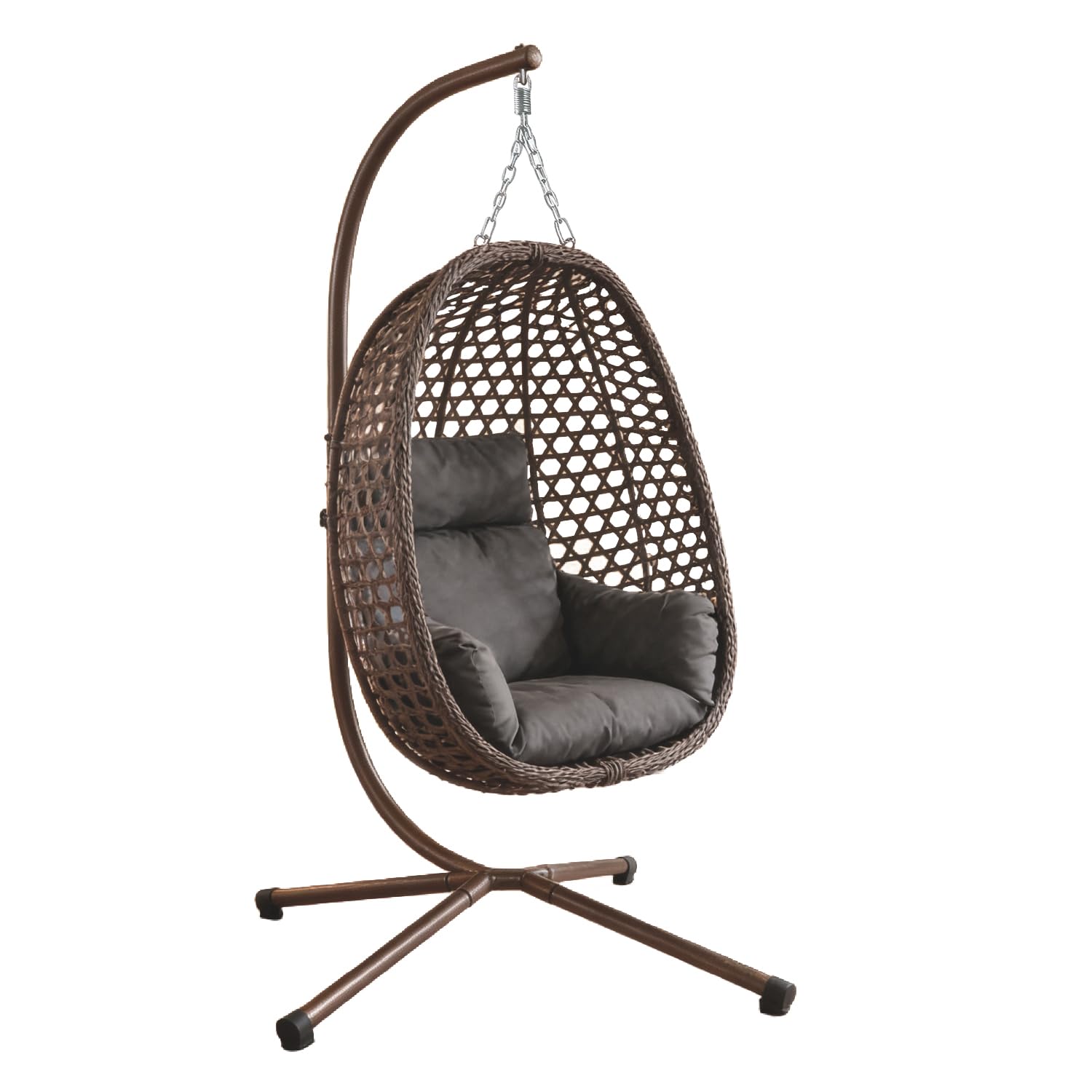 Heavy-Duty Rattan Egg Chair Hammock with Stand, 150KG Capacity Foldable Garden Swing Chair, Weather-Resistant for Indoor & Outdoor Patio Use (Brown Chair+ Dark Grey Cushion)