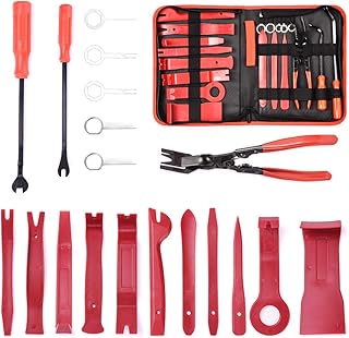 MICTUNING Car Panel Removal Tools, 19pcs Auto Door Panel Trim Removal Tool Kit with Clip Plier Set & Fastener Remover for Car Panel Dash Audio Radio Pry Tool Kits with Storage Bag (RED)