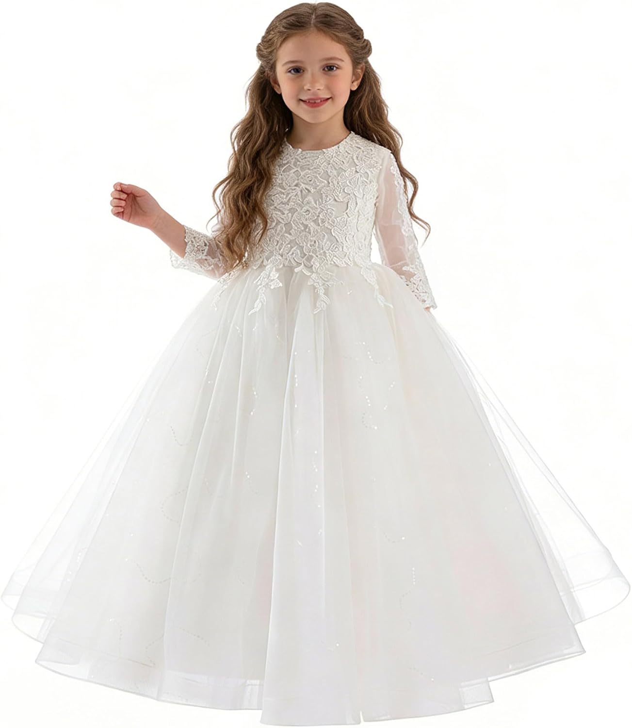 Flower Girl Dress Half Sleeves Lace Top Tulle Skirt Girls Birthday Wedding Party First Communion Dresses