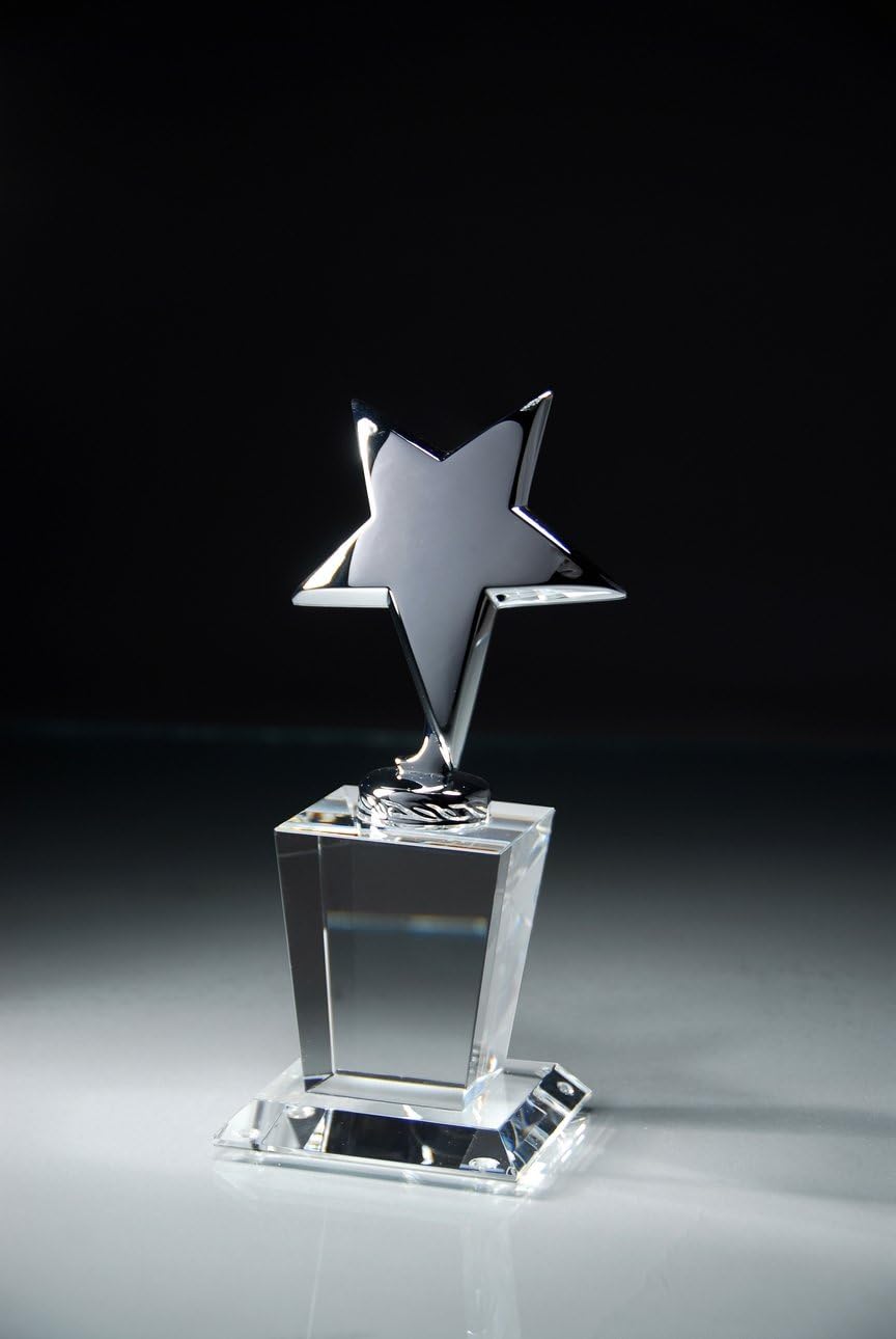 SHOP AWARDS AND GIFTS Silver Star Personalized Trophy, Custom Achievement and Recognition Award with Engraved Text, Crystal Base, 7-½ x 3 Inch