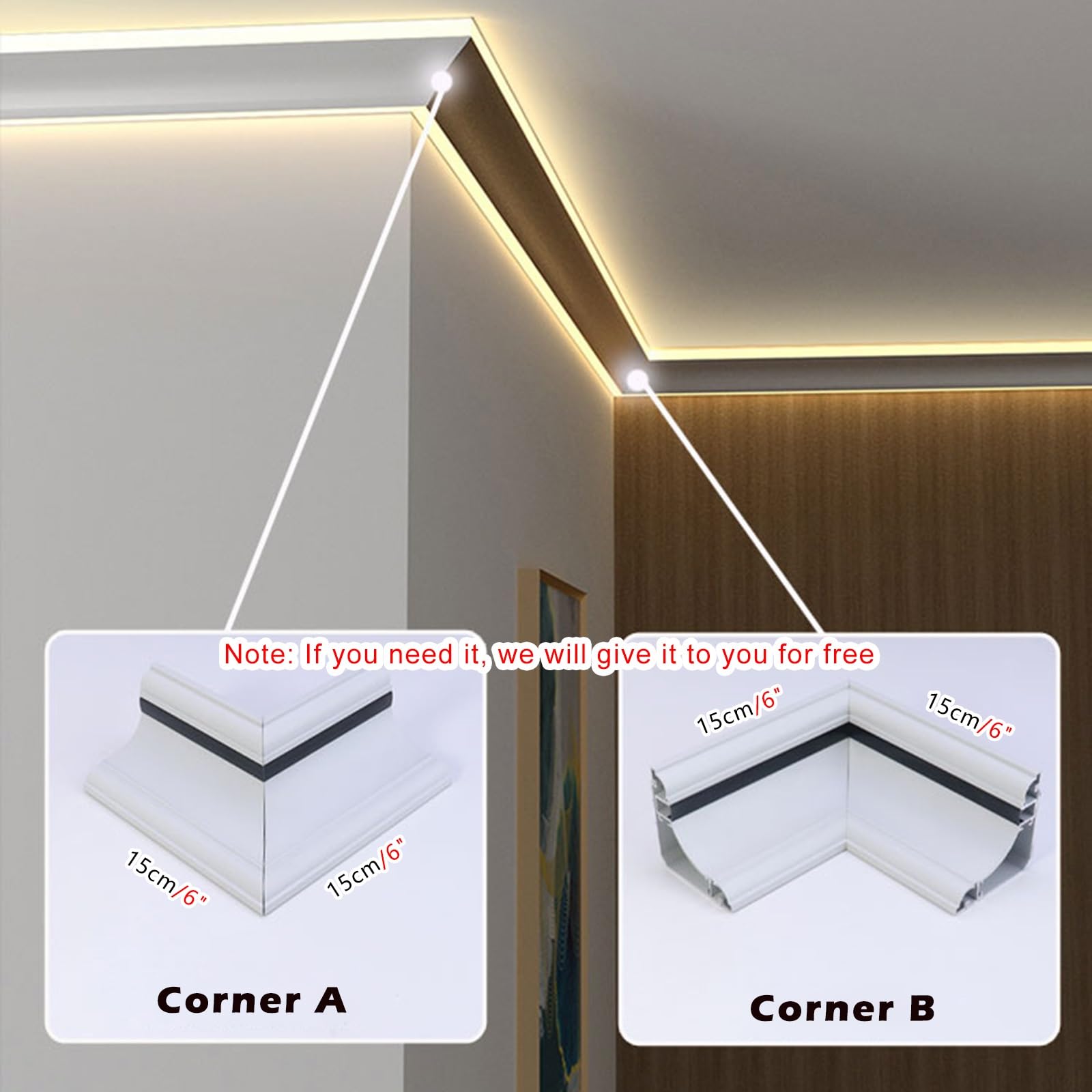 Strisce luminose a LED per soffitto soggiorno, profilo in alluminio canale LED con connettore angolare, lampada libera per soffitto luminoso - senza luci a LED, canale interno lineare (6 cm (2 2/5")