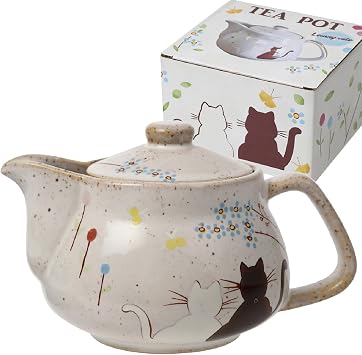 10oz Cat kyusu Kutani Yakiware Japanese CeramicTeapot with Removable Infuser, Stovetop Safe Tea Kettle, Blooming and Loose Leaf Tea Maker Set Cat, White