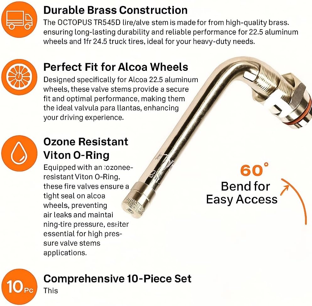 OCTOPUS TR545D Clamp-in Brass Tire Valve Stem for Trucks & Buses, 60° Bend, Fits 22.5 & 24.5 Alcoa Aluminum Wheels, 9.7mm Rim Hole, Ozone Resistant Viton O-Ring (20)