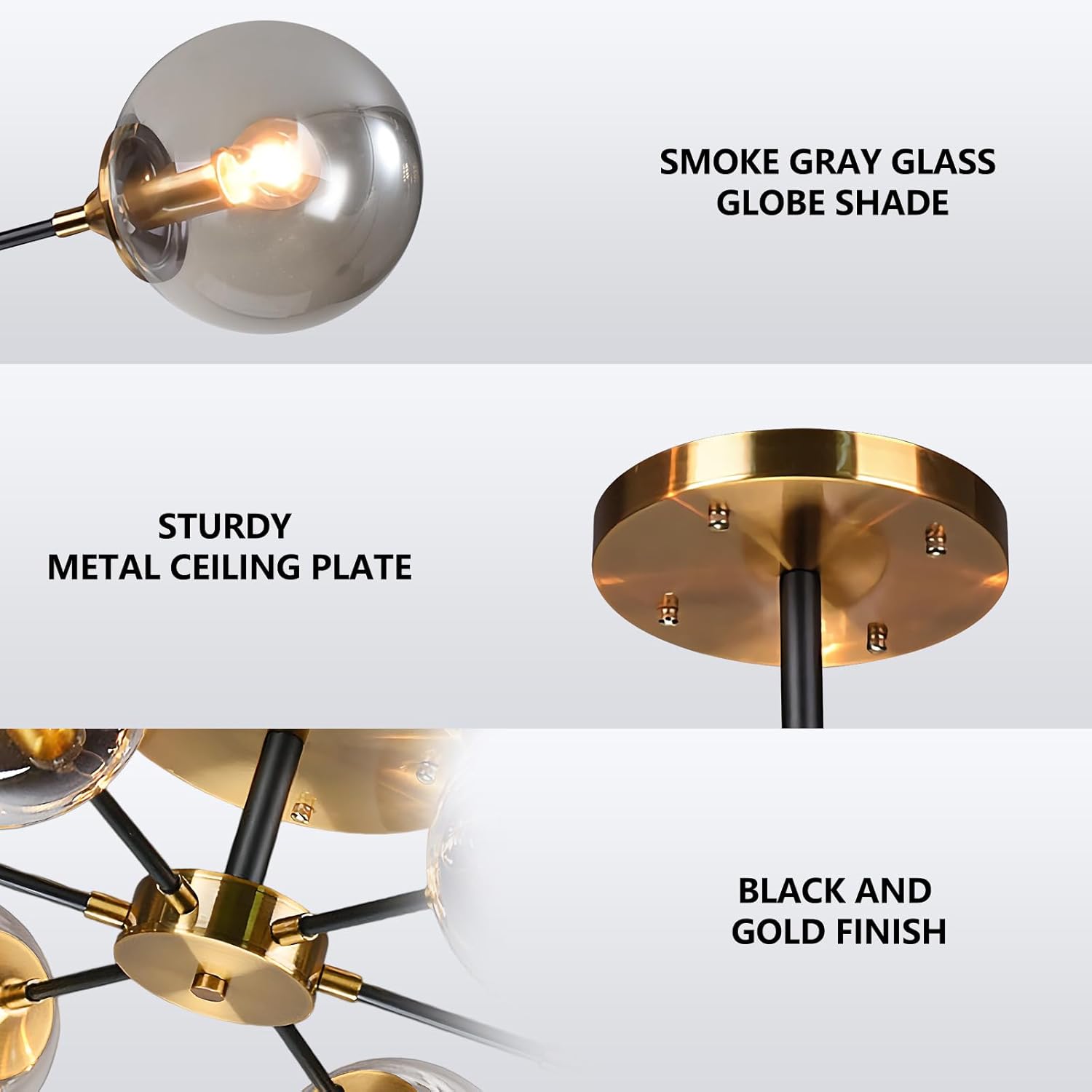 KCO Lighting 6-Light Modern Gold Globe Ceiling Light Brushed Brass Metal Close to Ceiling Lighting Fixture Bathroom Mid Century Smoke Gray Glass Shade Semi Flush Mount Sputnik Chandelier