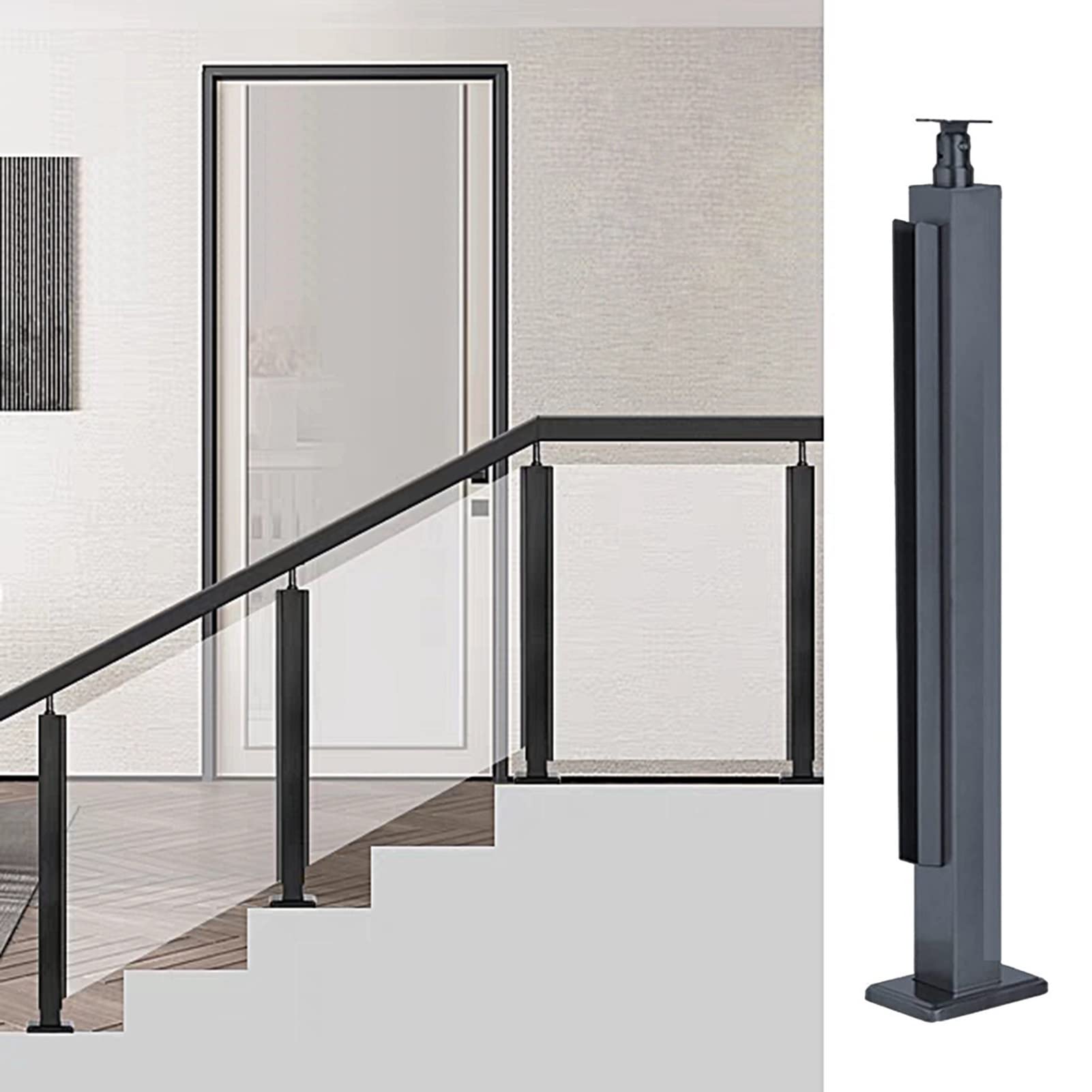 Poteau garde-corps en verre inox pour escalier intérieur et terrasse rustique
