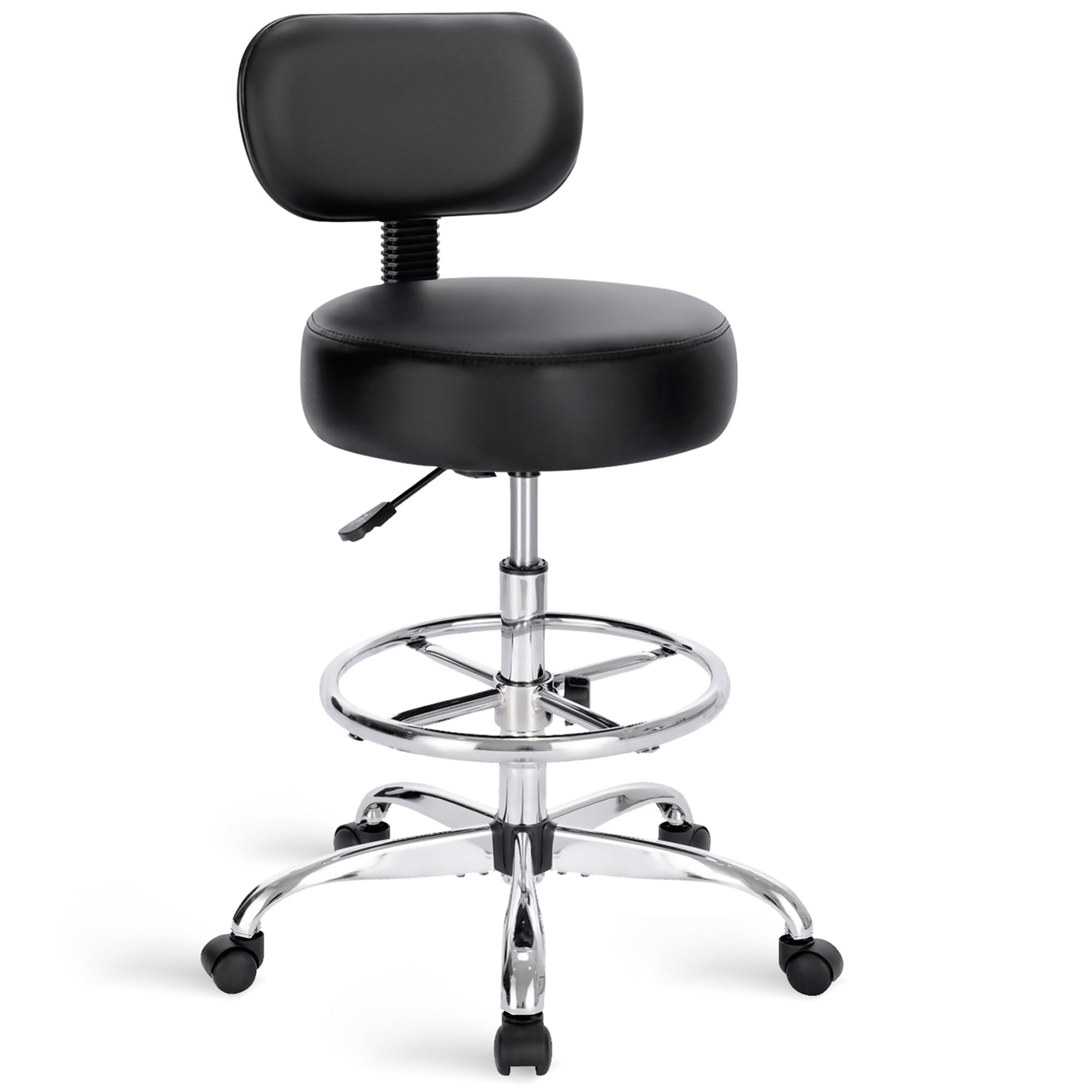 Photo 1 of SUPERJARE Drafting Chair with Back, Adjustable Foot Rest Rolling Stool, Multi-Purpose Office Desk Chair, Thick Seat Cushion for Home Bar Kitchen Shop - Black