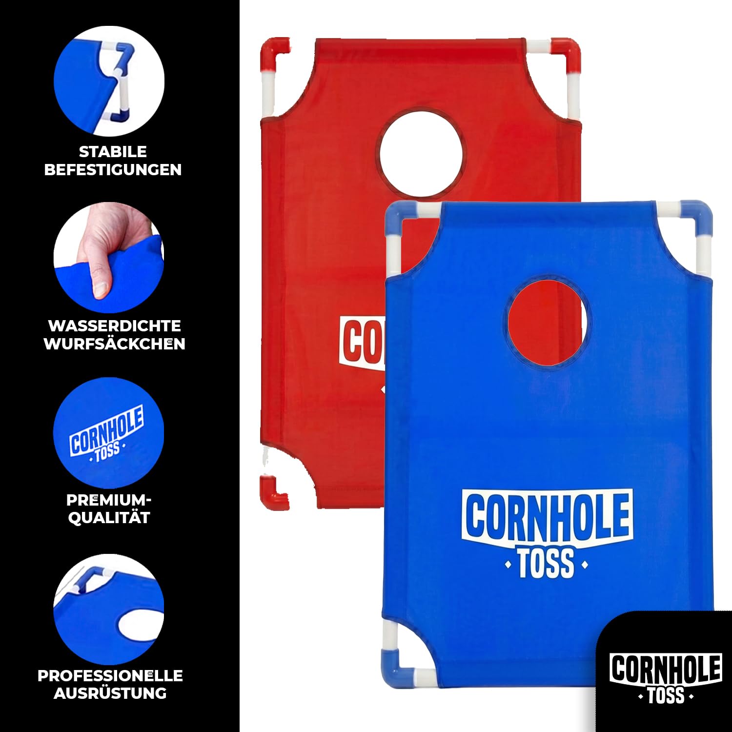 Cornhole Toss – Leicht & Faltbar aus Stoff 90×60 cm – Set mit 2 Boards + 8 Säcken + Tragetasche – Wurfspiel für draußen, Garten, Events – Original Corner