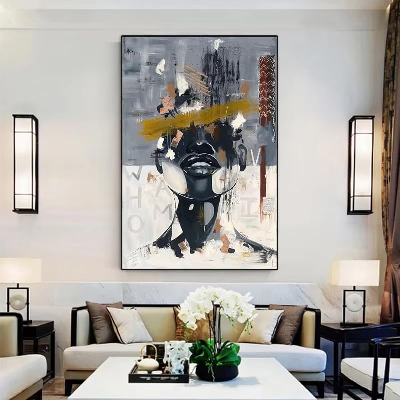 Tableau abstrait visage de jeune fille dorée grand format 80x120