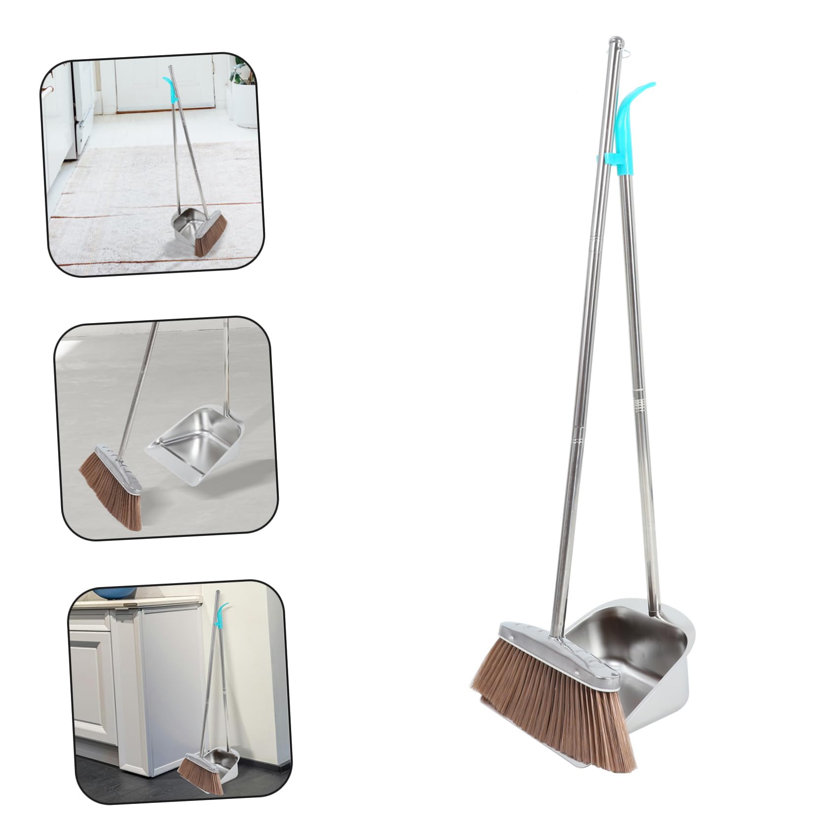 Toyvian Besen und Kehrblech Set mit Edelstahl Staubschaufel und Weichen Borsten Robustes Kehrset für Haushalt und Garten Stehendes Kehrblech mit Langem Griff Effiziente Reinigungslösung