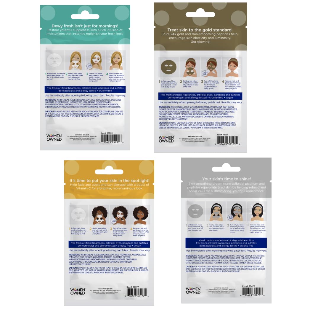 MISS SPA Face Mask Skin Care, Facial Sheet Mask for Women, Hydrating Moisturizing Skin Care Products, Anti-aging Face Mask, Dermatologsit Tested, 4 Pack (Hydrate, 24K Gold, Glow, Platinum Sheet Mask) - Image 7
